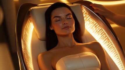 A woman, radiating inner beauty, reclines comfortably in a plush chair, her face bathed in the soft glow of a photo rejuvenation machine, as skilled professionals work their magic to unveil the