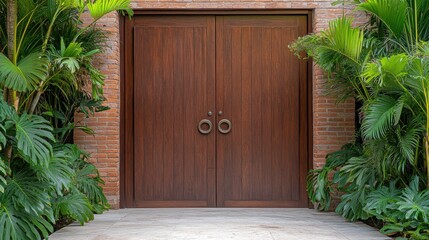 Wooden double doors surrounded by tropical plants in an entrance pathway, showcasing modern architecture and serene outdoor landscaping design.