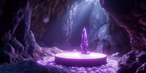 A fantasy-themed 3D background featuring a magical crystal podium levitating in a cavern filled with glowing stones. The ethereal light and mystical atmosphere create a unique, dreamlike effect.