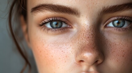 Fototapeta premium A close-up shot of a woman is face, adorned with minimal natural makeup, revealing healthy, radiant skin and a natural beauty that emanates from within.