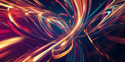 A futuristic abstract background with pulsating energy ribbons forming a seamless neon vortex. The interplay of glowing light streaks and fluid motion creates a mesmerizing digital composition.