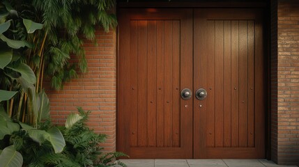 Wooden entry doors surrounded by plants and greenery, modern architecture, home entrance, exterior design, landscaping, residential property, inviting entrance.