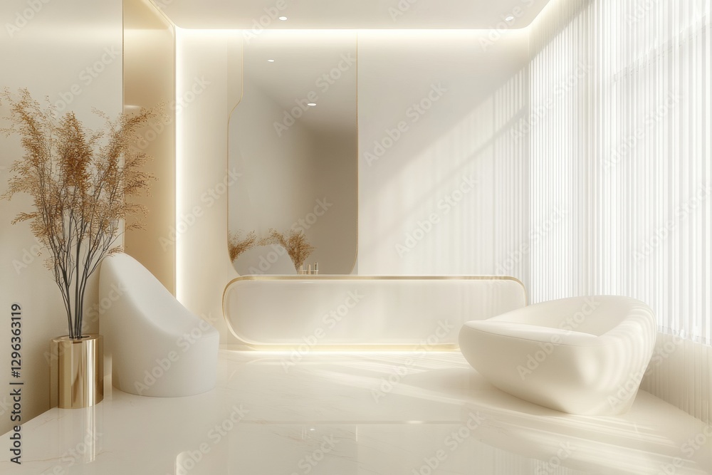 Poster modern minimalist interior design featuring elegant furniture and soft lighting in a serene space wi