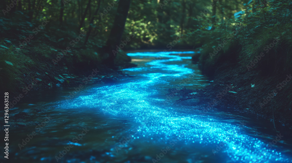 Poster Enchanting forest stream with glowing algae at twilight