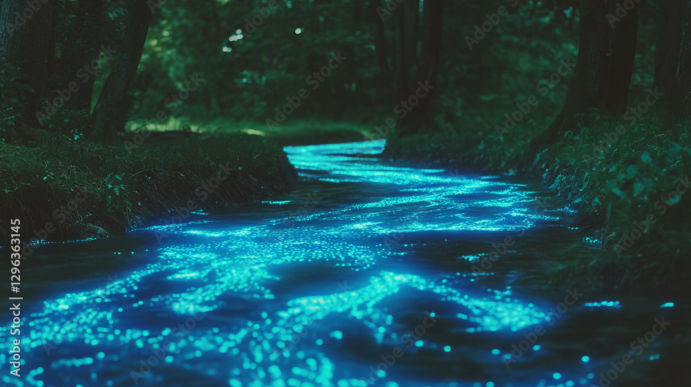 Poster enchanting forest stream with glowing algae for nature design inspiration