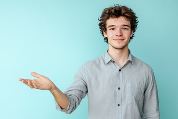 Smiling Young Man in Casual Light Blue Shirt Extending Hand Against Soft Blue Background