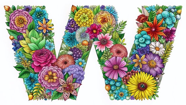 Double Exposure Floral Alphabet W Coloring Page:  Elegant Botanical Letter W Design for Kids