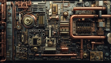 Steampunk-style copper and bronze technological panel.