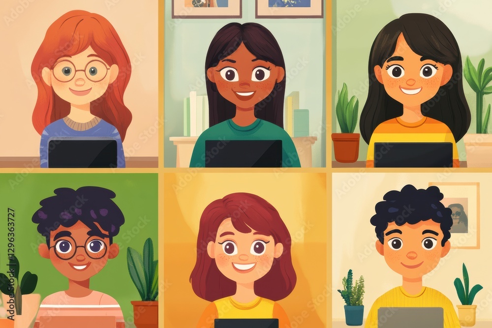 Poster Vibrant video call with a diverse group of smiling friends connecting online in a cozy home setting. Generative AI