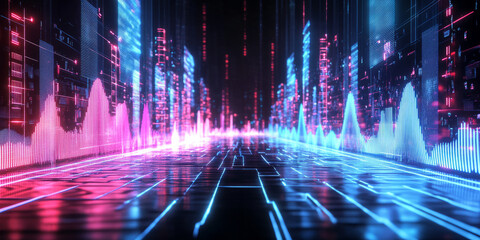 Fototapeta premium A futuristic 3D background featuring a neon waveform flowing through a cybernetic cityscape. Glowing sound waves ripple through the air, reflecting the energy of digital music, creating an immersive