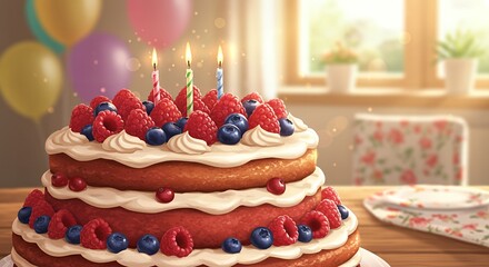 Delicious Three-Layered Raspberry Birthday Cake with Candles, Festive Decoration, and Delightful Berry Toppings