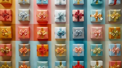 Fototapeta premium A grid of colorful gift boxes with bows.