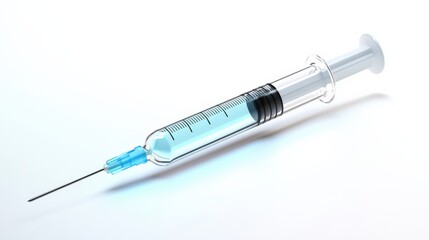 Fototapeta premium Transparent Medical Syringe Filled With Light Blue Liquid Positioned at an Angle. Generative AI