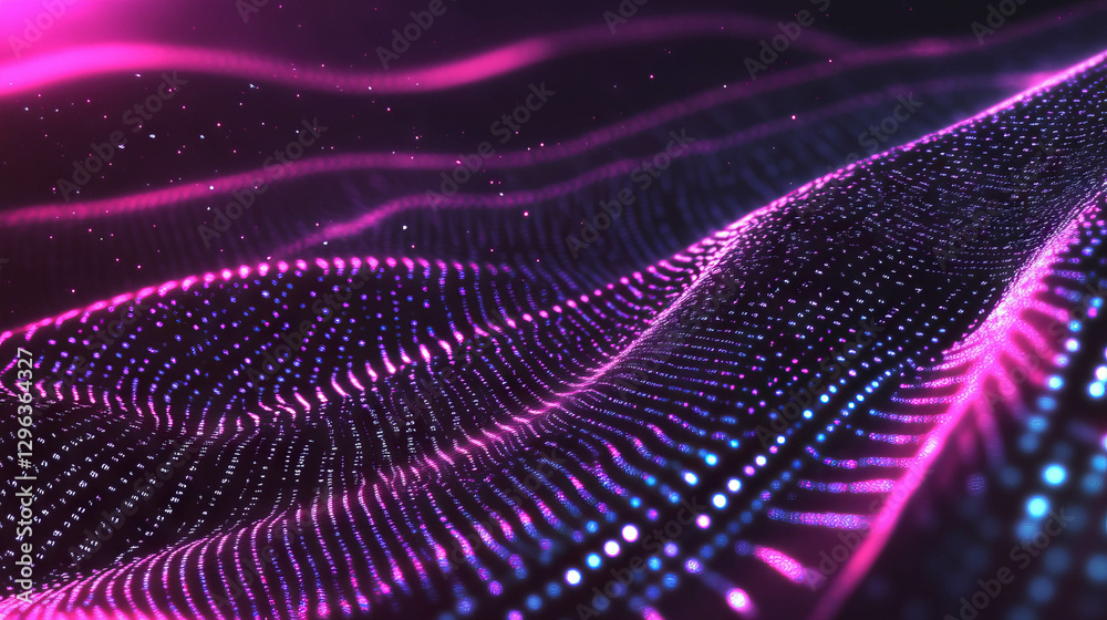 Poster Futuristic digital background with glowing binary code and flowing light patterns