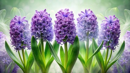 Obraz premium Double Exposure Hyacinth Flowers: Seven Spring Plants, Purple Blooms & Lush Leaves