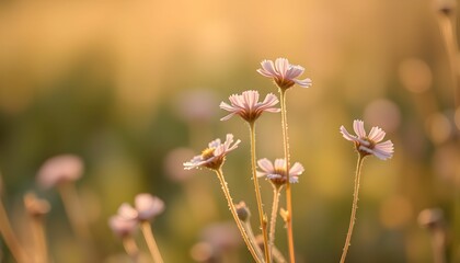 Delicate wildflowers, golden hour lighting, soft focus, bokeh background, warm tones, nature photography, macro lens, shallow depth of field, dreamy atmosphere, ethereal glow, meadow scene
