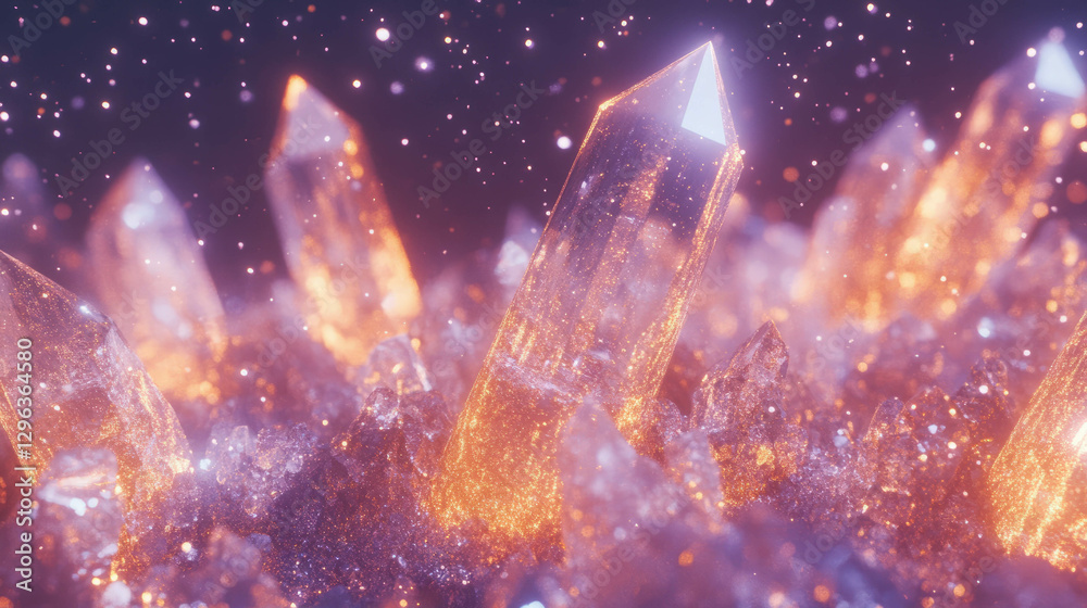 Poster enchanting glowing crystals texture with sparkling light effects for design