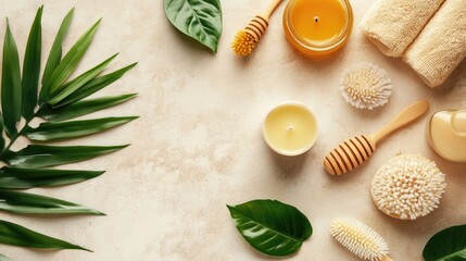 Spa Day Relaxation, Honey, Candles, and Tropical Leaves