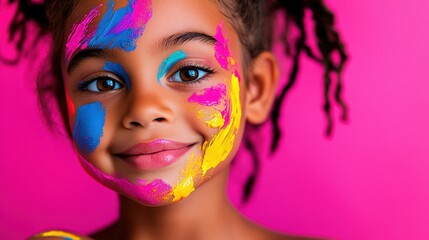 Obraz premium This vibrant image captures a girl's face art adorned with bright colors, representing freedom of expression and the playful nature of childhood and imaginative creativity.