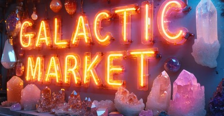 Neon sign galactic market traders selling glowing space crystals otherworldly artifacts floating bright colorful realistic photo