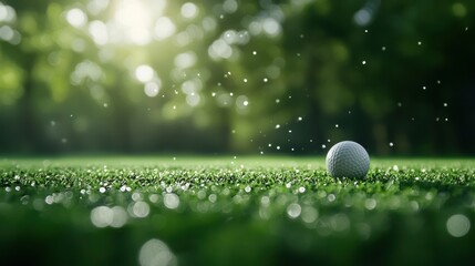 Close-up of a golf ball on dewy grass in sunlight