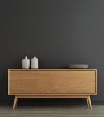Modern Wooden Cabinet with Minimalist Decor Against Dark Wall