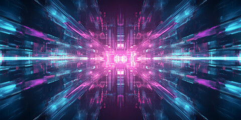 Obraz premium A futuristic abstract background with layered geometric patterns seamlessly merging into a digital cybernetic structure. The glowing reflections and neon symmetry enhance the sci-fi ambiance.