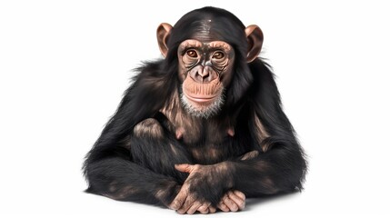 Fototapeta premium Portrait sitting a young chimpanzee monkey animal isolated white background. AI generated image