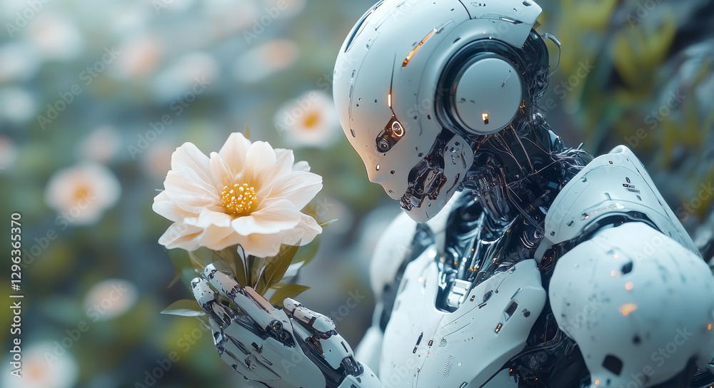 Poster a humanoid robot admires a delicate flower in a tranquil garden, symbolizing the connection between 