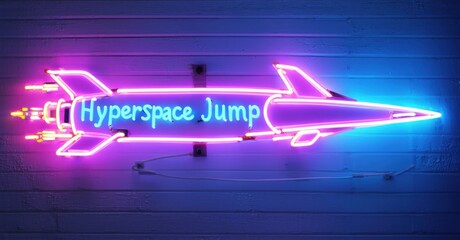 Neon sign hyperspace jump spaceship vanishing glowing dimensional rift bright colorful realistic photo