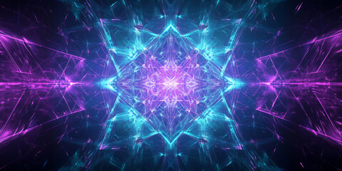 A futuristic abstract background showcasing interconnected fractal structures glowing in neon blue and purple. The seamless geometric patterns create a mesmerizing, high-tech cybernetic design.