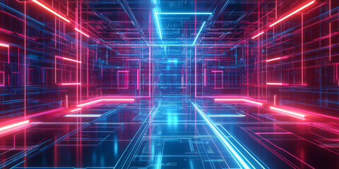 A futuristic abstract background showcasing fractal-inspired neon grids forming an endless cybernetic landscape. The glowing reflections and seamless geometric repetition create a mesmerizing sci-fi