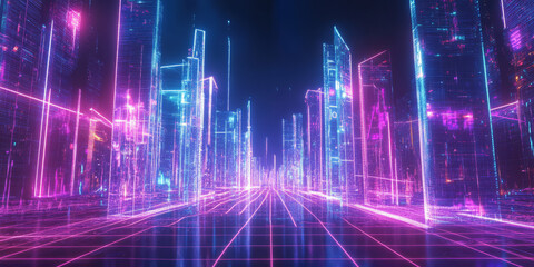 Fototapeta premium A futuristic 3D background showcasing an enormous, glowing neon sound grid stretching across a cybernetic cityscape. The pulsating energy waves represent the deep bass and high frequencies of