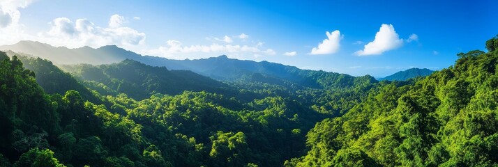 Lush Mountain Panorama: A Verdant View - Serene landscape showcasing lush green mountains, vibrant foliage, and a clear blue sky. Symbolizes nature, tranquility, peace, growth, and adventure