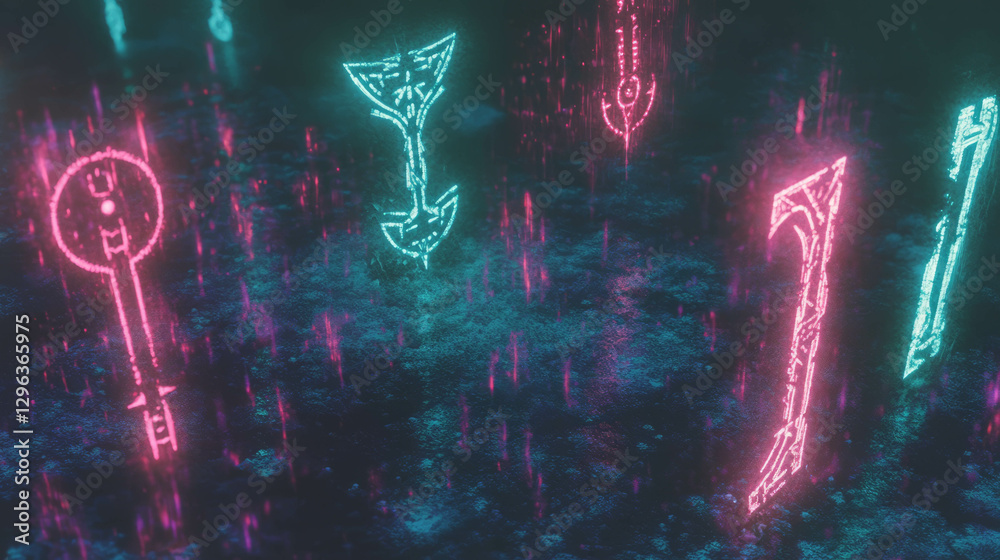 Poster mysterious glowing symbols and ancient runes in ethereal background for fantasy design