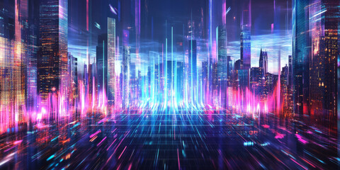 A breathtaking 3D music background featuring a massive neon equalizer stretching infinitely across a futuristic cityscape. The pulsating, colorful sound waves create an abstract visualization of