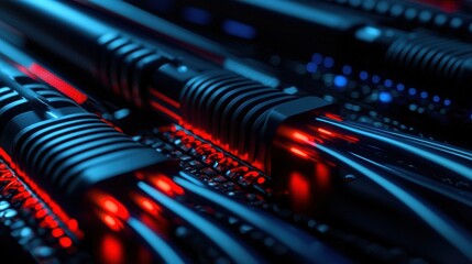 Fototapeta premium Close-up of illuminated network cables in a data center