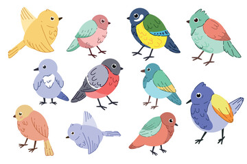 A set of spring birds. Vector cartoon illustration in children's style. Different colored birds. Isolated images on a white background.