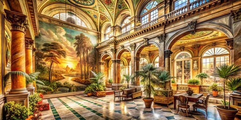 Obraz premium Double Exposure: Vintage Art Deco Interior with Monogrammed Columns & Drawing Wallpaper