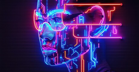 Neon sign machine consciousness futuristic ai face glowing thought streams digital patterns bright colorful realistic photo