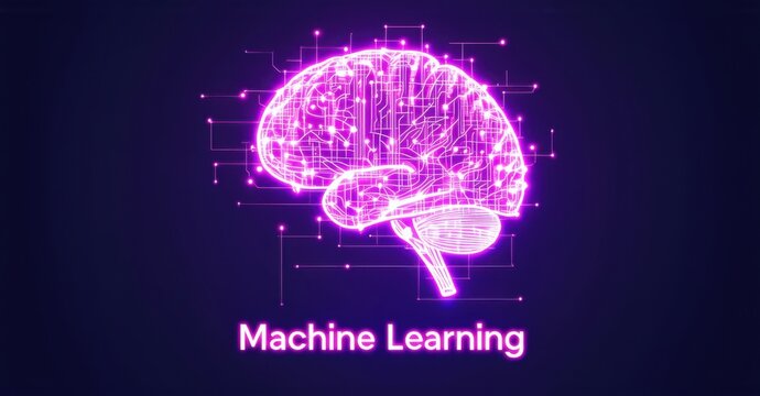 Neon sign machine learning brain pulsating light nodes bright connections forming data grid colorful realistic photo