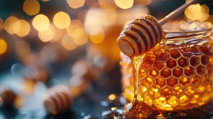 Honey dripping from honeycomb in jar.