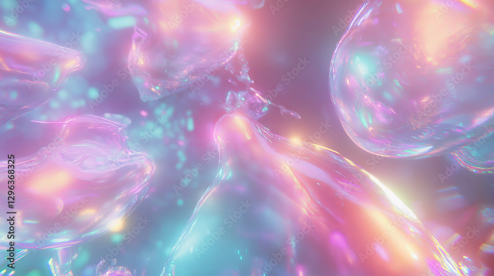 Poster Futuristic holographic data streams and floating abstract forms for digital design