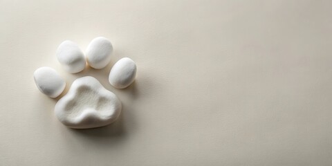 A serene arrangement of smooth white objects forming a paw print on a neutral backdrop