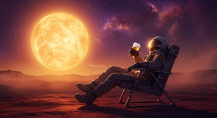 Fototapeta premium Astronaut Relaxing on Mars with a Beer Under a Giant Moon and Starry Sky