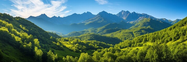 Fototapeta premium Majestic Mountain Vista Panorama - Serene landscape, lush greenery, majestic peaks, tranquil atmosphere, natural beauty. Symbolizing peace, adventure, freedom, exploration, and renewal