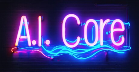 Neon sign i core glowing futuristic processing unit vibrant waves running it bright colorful realistic photo