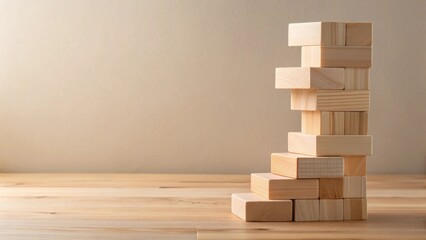 Unstable Wooden Blocks Forming an Ascending Structure on a Light Wooden Surface