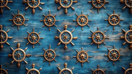 Fototapeta premium A nautical arrangement of antique ship wheels on a textured blue background, creating a captivating and sophisticated decorative pattern.