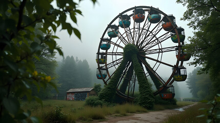 Fototapeta premium Enigmatic Ferris wheel, overgrown with nature's embrace, stands silently in a misty, abandoned park, a poignant scene of forgotten joy.